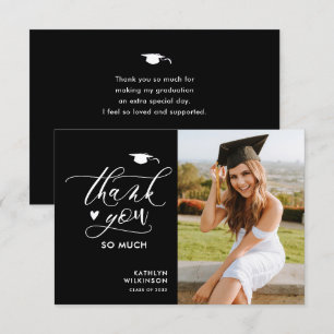 Carte De Remerciements Black Modern Script Photo Graduation minimaliste