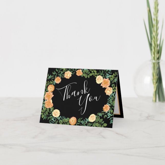Carte De Remerciements Black & Peach Mariage Floral moderne (Devant)