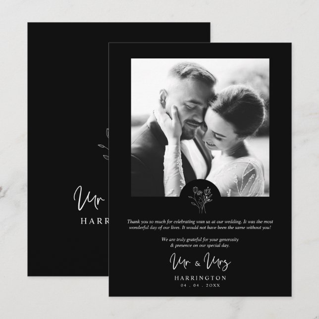 Carte De Remerciements Black Photo Typography MR & MRS Wedding Bouquet  (Devant / Derrière)