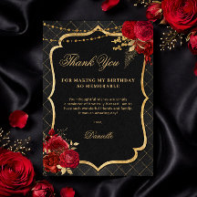 Black, Red and Gold Flat Birthday Thank You Card