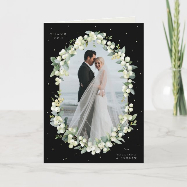 Carte De Remerciements Black Snowberry+Eucalyptus Mariage photo pliée (Devant)