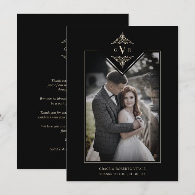 Carte De Remerciements Black Sophisticate Flourish Chic Golden Initials (Devant / Derrière)