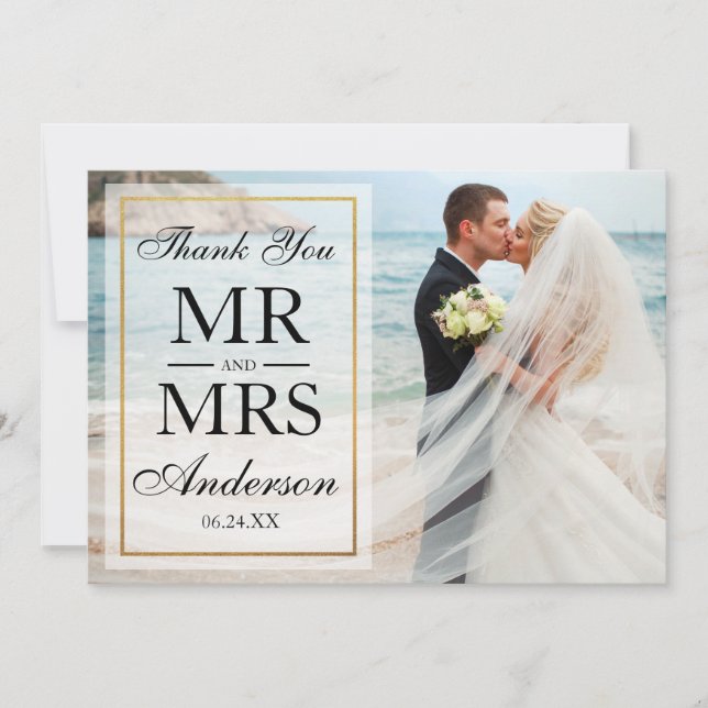 Carte De Remerciements Black White Elegant Gold Frame Mariage photo (Devant)