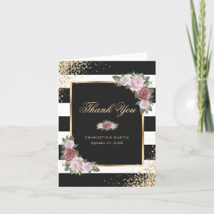 Carte De Remerciements Black White Gold Blush Rose Floral Mariage Photo