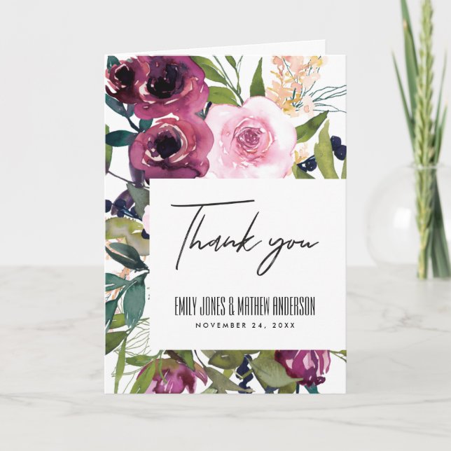 CARTE DE REMERCIEMENTS BLANC BLANC BURGUNDY VERT MARIAGE FLORAL BUNCH (Devant)