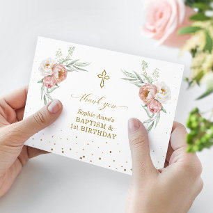 Carte De Remerciements Blanc Dusty Rose Floral 1er Anniversaire Baptême