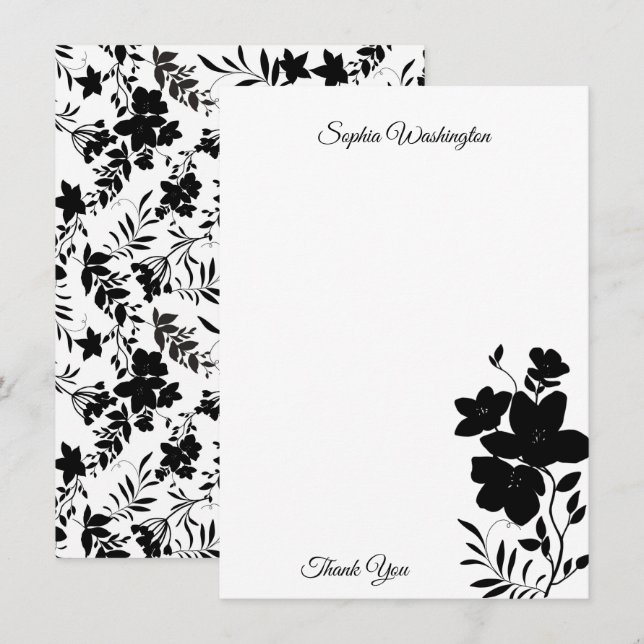 Carte De Remerciements Blanc et noir floral moderne (Devant / Derrière)