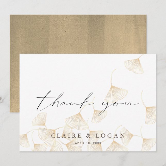 Carte de remerciements blanc Feuille Gold Ginkgo (Devant / Derrière)
