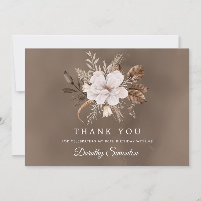 Carte De Remerciements Blanc Floral Neutre Automne 90e anniversaire (Devant)