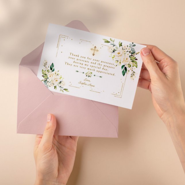 Carte De Remerciements Blanc Floral Parties scintillant Or Cadre Croix Fi (thank you white floral invitation baptism)