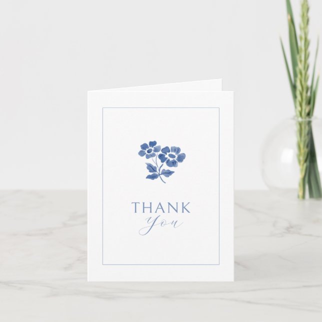 Carte De Remerciements Blanc uni | Bleu Floral plié Remerciement Mariage (Devant)