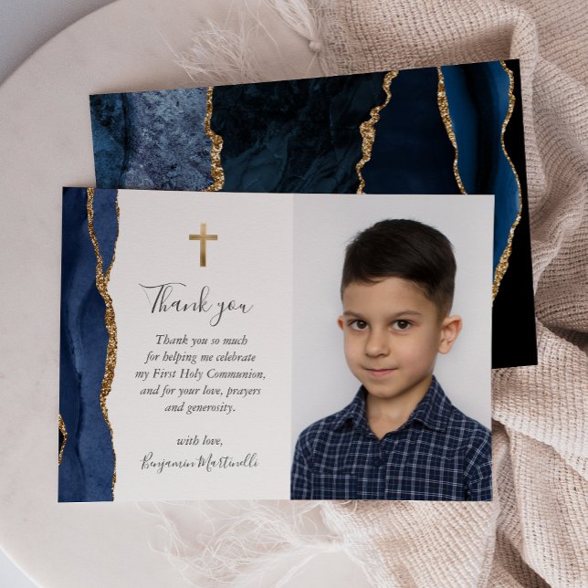 Carte De Remerciements Bleu Agate Or Remerciement Première Communion (Créateur téléchargé)