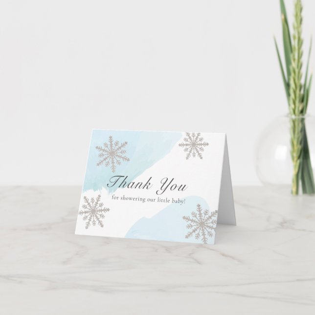 Carte De Remerciements Bleu Aquarelle Baby shower de flocons d'argent (Devant)