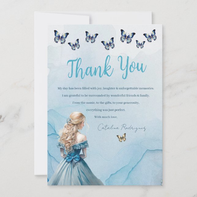 Carte De Remerciements Bleu Beurre d'or Princesse Quinceañera (Devant)