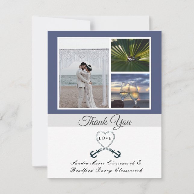 Carte De Remerciements Bleu blanc Coeur nautique Ancre Mariage Photo (Devant)