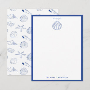 Carte De Remerciements Bleu blanc Main dessinée Sea Shells Plage Été