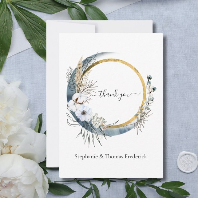 Carte De Remerciements Bleu Blanc or Floral Aquarelle Boho Mariage (Blue white gold boho wedding thank you card)