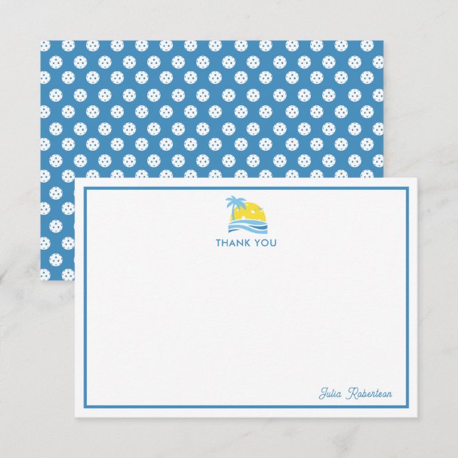 Carte De Remerciements Bleu Blanc Personnalisé Monogramme Pickleball Sole (Devant / Derrière)