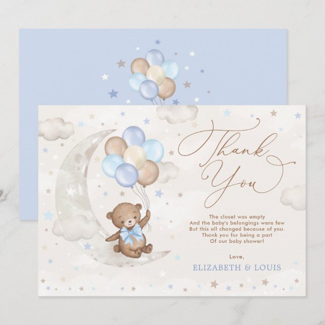 Carte De Remerciements Bleu Brown Ours Teddy Ballons Nuages Etoiles Lune (Devant / Derrière)