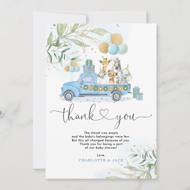 Carte De Remerciements Bleu Chic Gold Green Wild Jungle Baby Animaux (Devant)