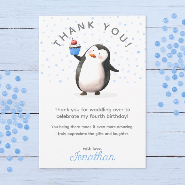 Carte De Remerciements Bleu cupcake pingouin célébration anniversaire gar (Créateur téléchargé)