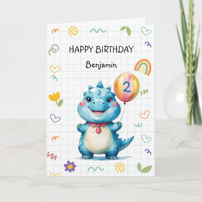 Carte De Remerciements Bleu Dinosaure Bleu Boulon garçon Bonne fête d'ann (Devant)