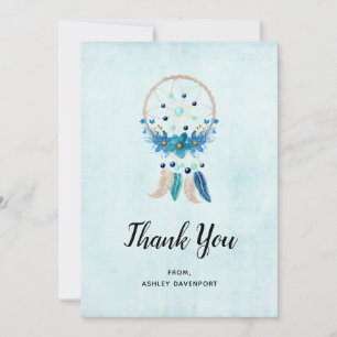 Carte De Remerciements Bleu Dreamcatcher avec Fleurs & Plumes