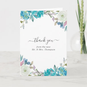 Carte De Remerciements Bleu Dusty et Mariage floral Turquoise