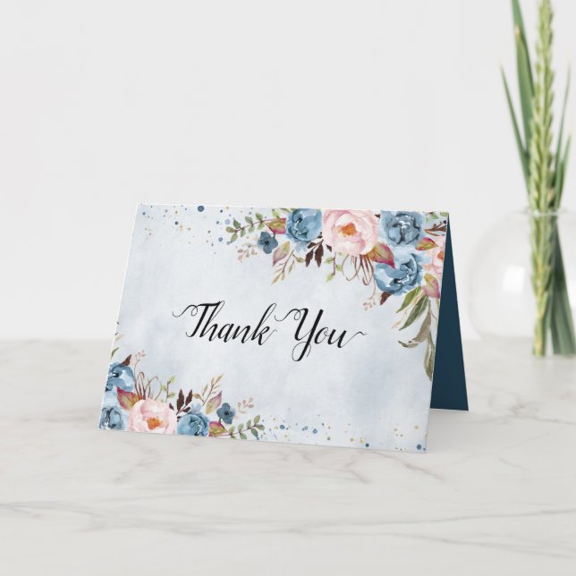 Carte De Remerciements Bleu Dusty Pêche Blush Botanique Floral Mariage Th (Devant)