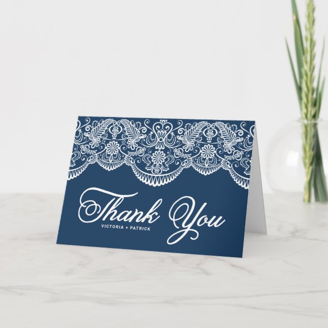Carte De Remerciements Bleu Elegant Botanique Brocade Lace Mariage (Devant)