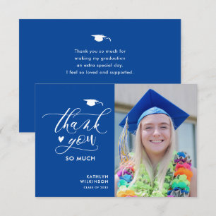 Carte De Remerciements Bleu Élégant Script Minimaliste Photo Graduation