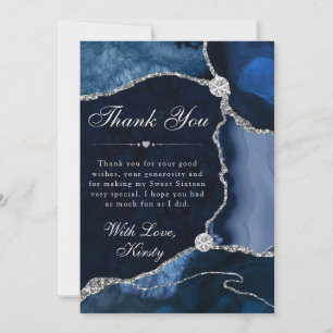Carte De Remerciements Bleu et Argent Faux Paillettes Agate Sweet 16