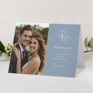 Carte De Remerciements Bleu et blanc   Mariage plié photo chic