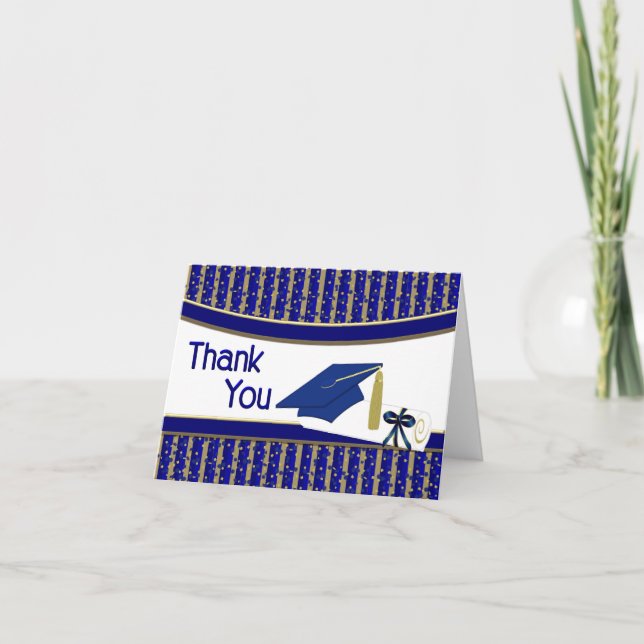 Carte De Remerciements Bleu et Gold Stripe Confetti Graduation (Devant)