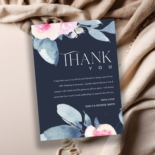 CARTE DE REMERCIEMENTS BLEU FLORAL BLUSH NAVY 25ÈME ANNIVERSAIRE TOUTE AN (Créateur téléchargé)