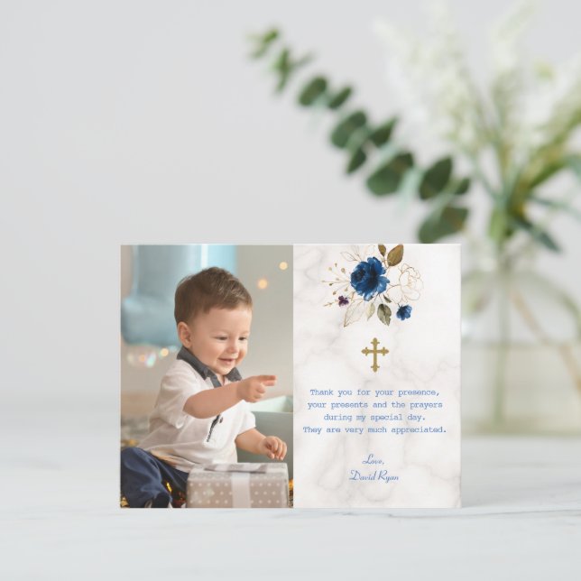 Carte De Remerciements Bleu floral marbre photo Boy Gold Cross Baptême (Debout devant)