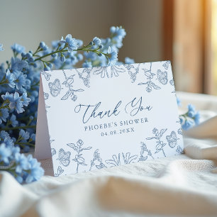Carte De Remerciements Bleu Français Chinoiserie Floral Douche Pliée