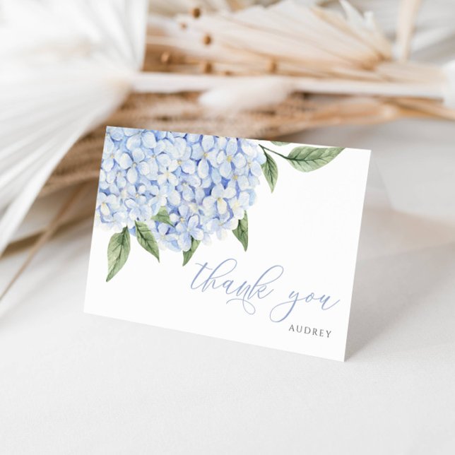 Carte De Remerciements Bleu Hydrangea Aquarelle Fleurs Script (Créateur téléchargé)