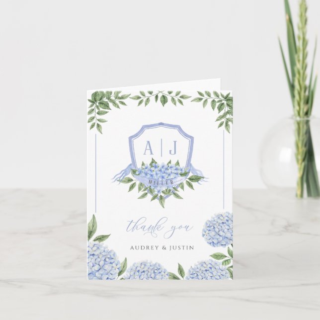 Carte De Remerciements Bleu Hydrangea Monogram Crest Mariage bordé (Devant)
