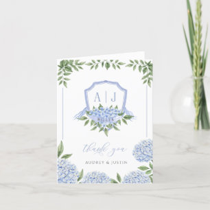 Carte De Remerciements Bleu Hydrangea Monogram Crest Mariage bordé