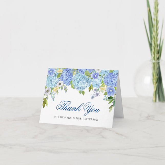 Carte De Remerciements Bleu Hydrangée Floral Verdure Aquarelle Floral (Devant)