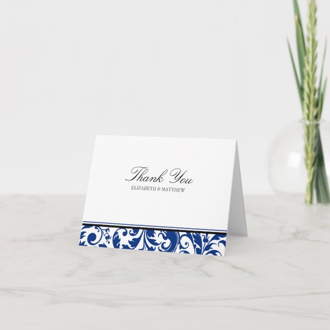 Carte De Remerciements Bleu marine et noir tourbillonnant Damask Mariage  (Devant)