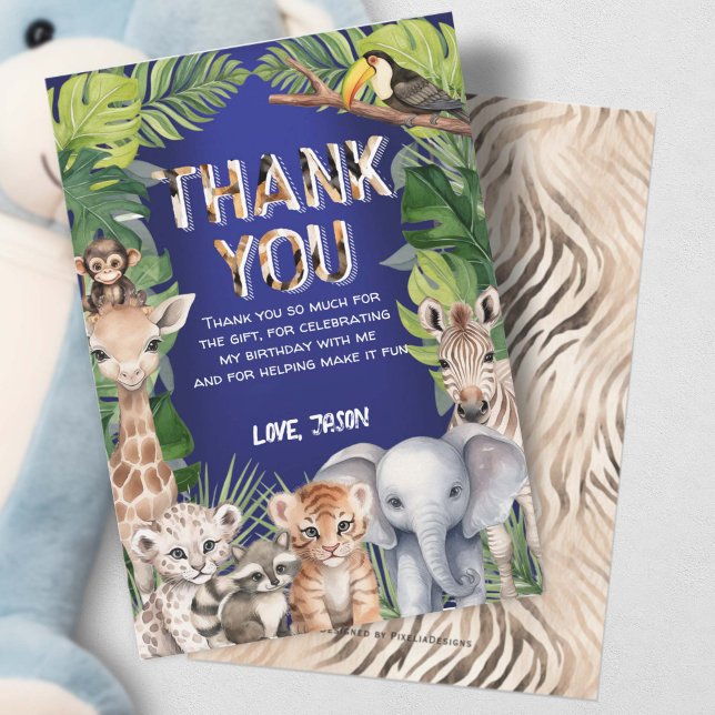 Carte De Remerciements Bleu marine Wild One Animaux de la jungle 1er anni (Créateur téléchargé)