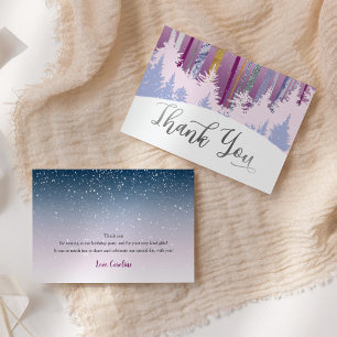 Carte De Remerciements Bleu mauve neige bois d'hiver Arbres d'hiver Anniv