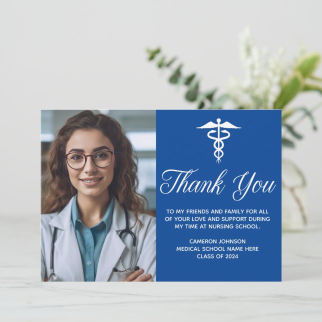 Carte De Remerciements Bleu Médicale de l'école - photo personnalisée (Debout devant)