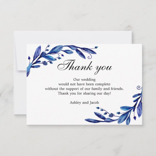 Carte De Remerciements Bleu merci. Note de mariage d'hiver. Botanique (Devant)