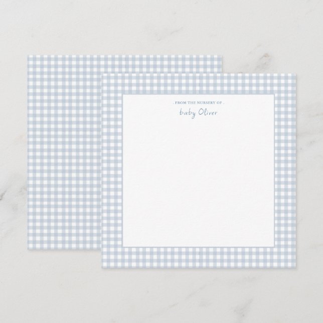 Carte De Remerciements Bleu mignon et blanc en vichy Carré bébé garçon (Devant / Derrière)