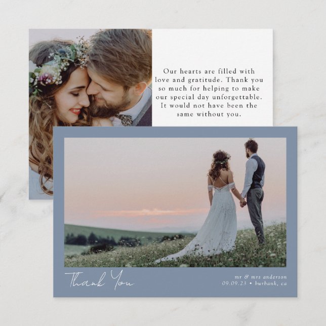 Carte De Remerciements Bleu minimaliste 2 Mariage de calligraphie photo (Devant / Derrière)