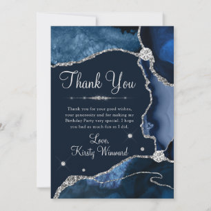 Carte De Remerciements Bleu Nuit & Faux Paillettes d'Argent Anniversaire 