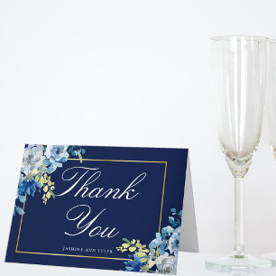 Carte De Remerciements Bleu Nuit Or Floral Élégant Écriture Blanche Pliée